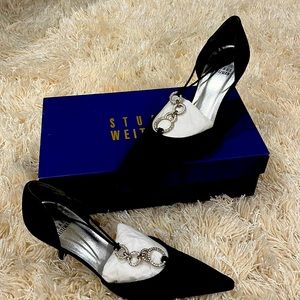 Stuart Weitzman 3-inch black heels with crystal embellishments.